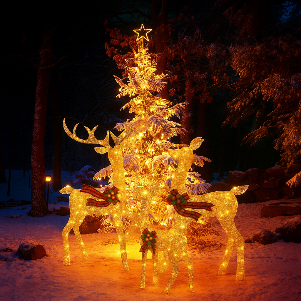 Verlichte Rendierenfamilie Decoratie Rotan Design Voor Tuin Gouden Finish Outdoor Kerstverlichting Set 3-Delig | Sansoti