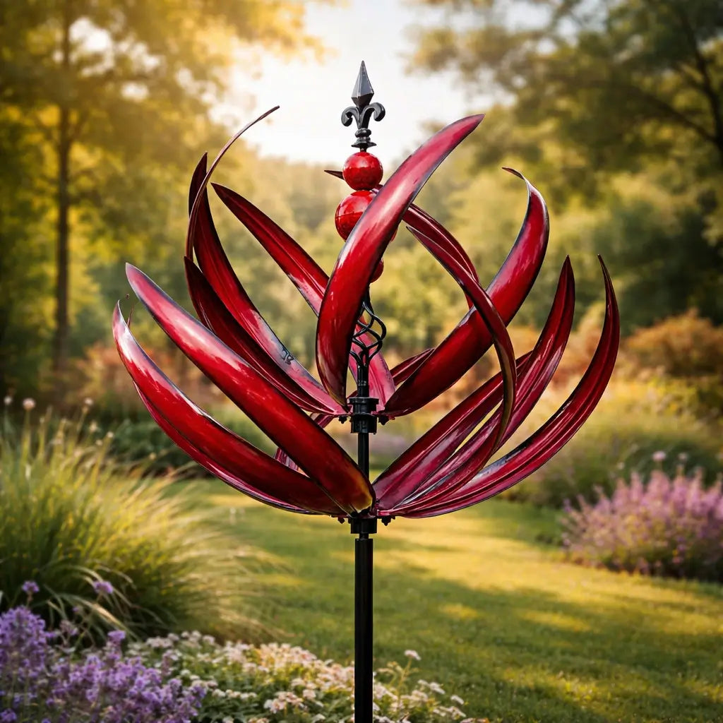 Metalen Tuinwindmolen Lotus 90cm Weerbestendig Decoratief Windspel Tuin en Terras Rood Blauw | Sansoti
