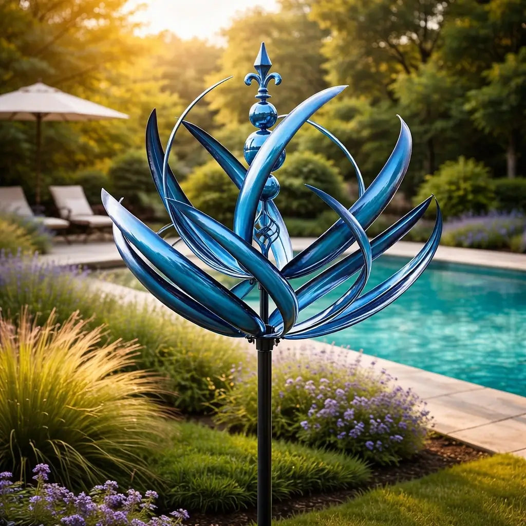 Metalen Tuinwindmolen Lotus 90cm Weerbestendig Decoratief Windspel Tuin en Terras Rood Blauw | Sansoti