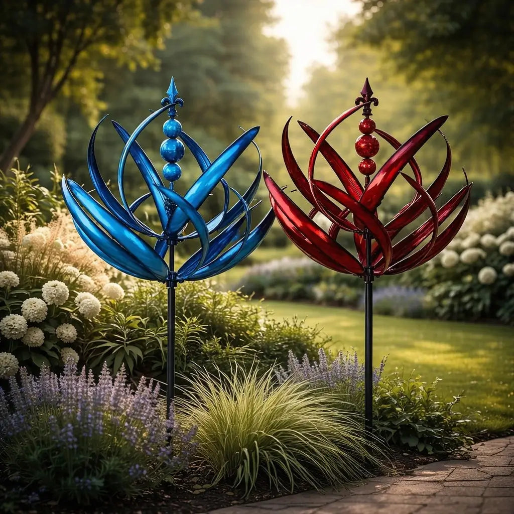 Metalen Tuinwindmolen Lotus 90cm Weerbestendig Decoratief Windspel Tuin en Terras Rood Blauw | Sansoti