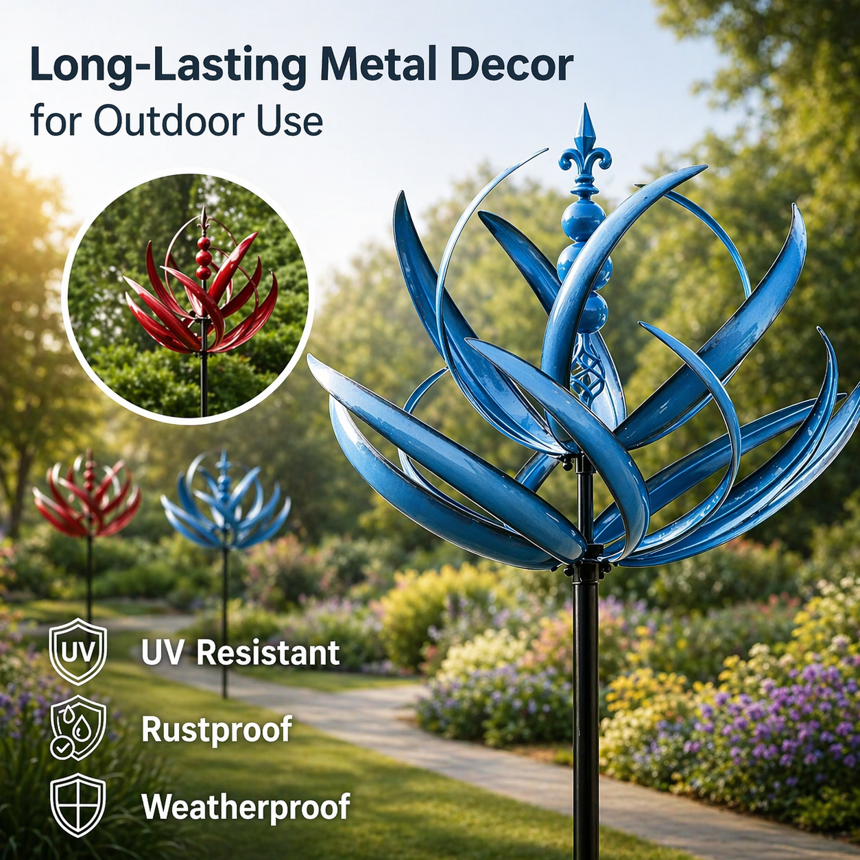 Metalen Tuinwindmolen Lotus 90cm Weerbestendig Decoratief Windspel Tuin en Terras Rood Blauw | Sansoti