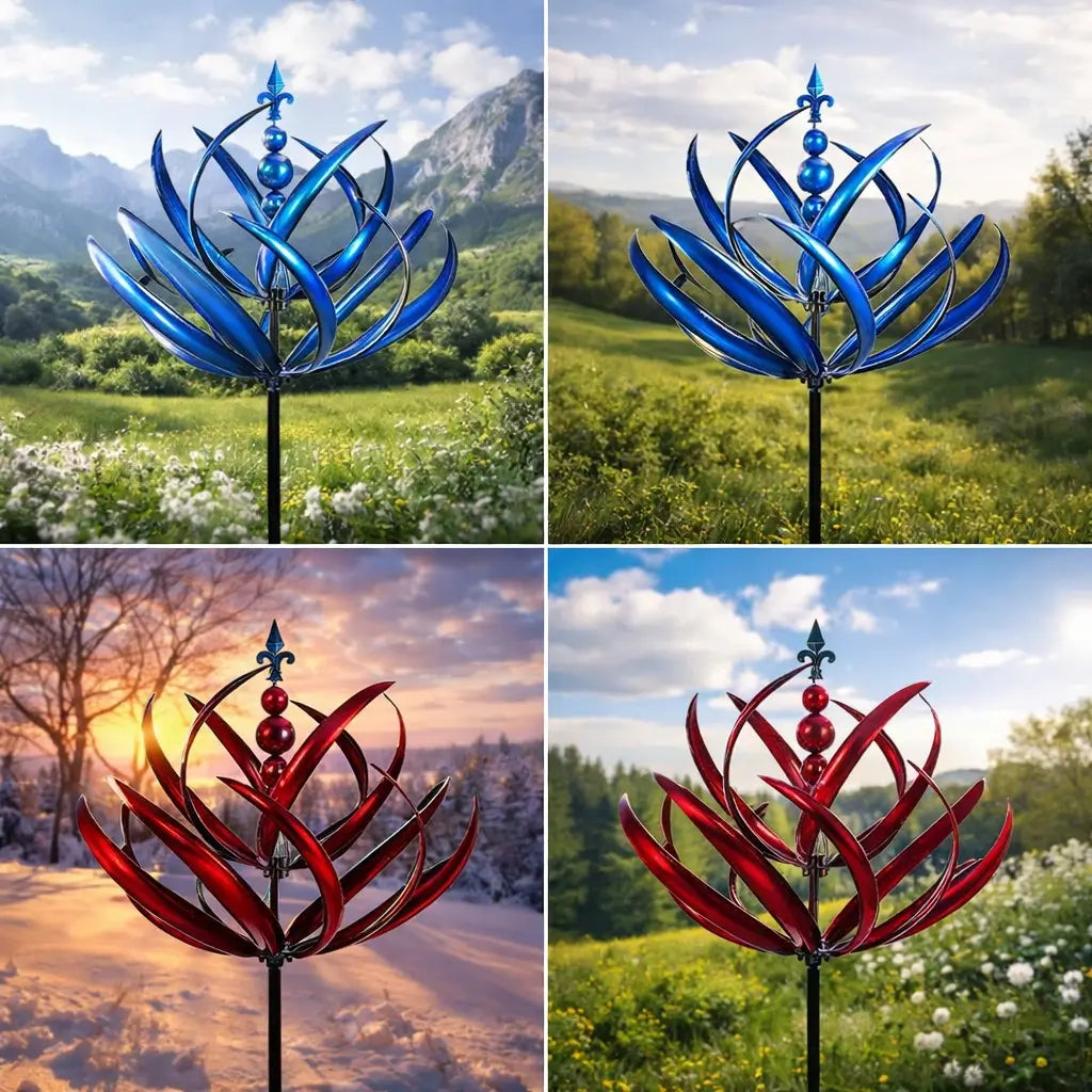 Metalen Tuinwindmolen Lotus 90cm Weerbestendig Decoratief Windspel Tuin en Terras Rood Blauw | Sansoti