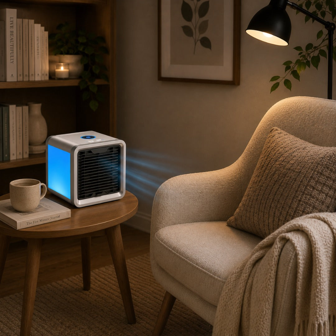Mobiele Luchtkoeler met Verdampingskoeling USB Aansluiting LED Verlichting Fluisterstil 3 Snelheden voor Thuis | Sansoti