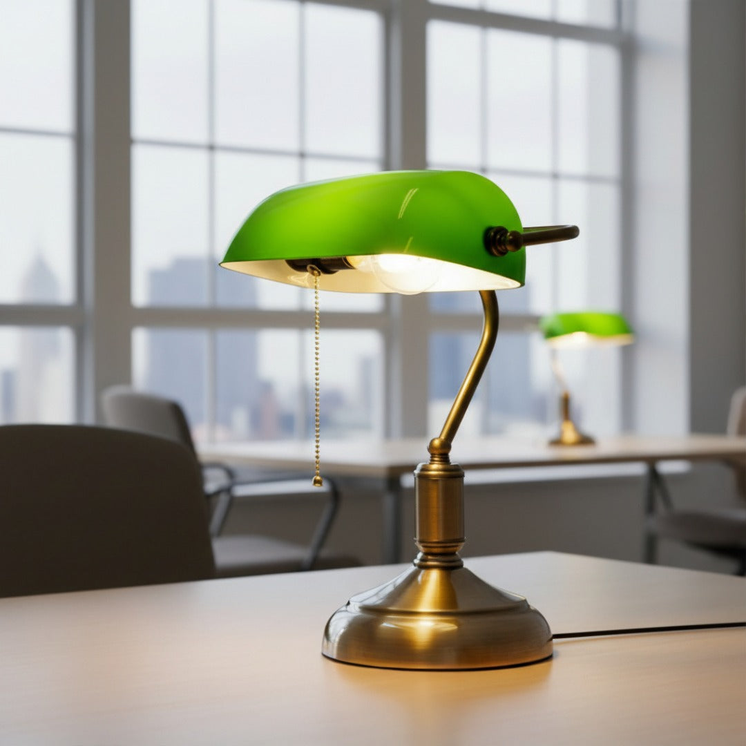 Klassieke Bankierslamp met Glazen Kap Bureauverlichting Metaal E27 Trekschakelaar 39cm Retro Tafellamp | Sansoti