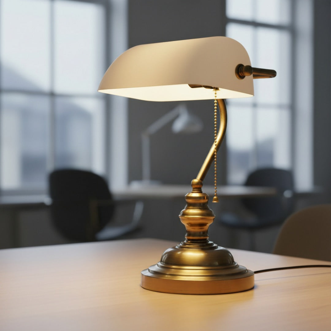 Klassieke Bankierslamp met Glazen Kap Bureauverlichting Metaal E27 Trekschakelaar 39cm Retro Tafellamp | Sansoti