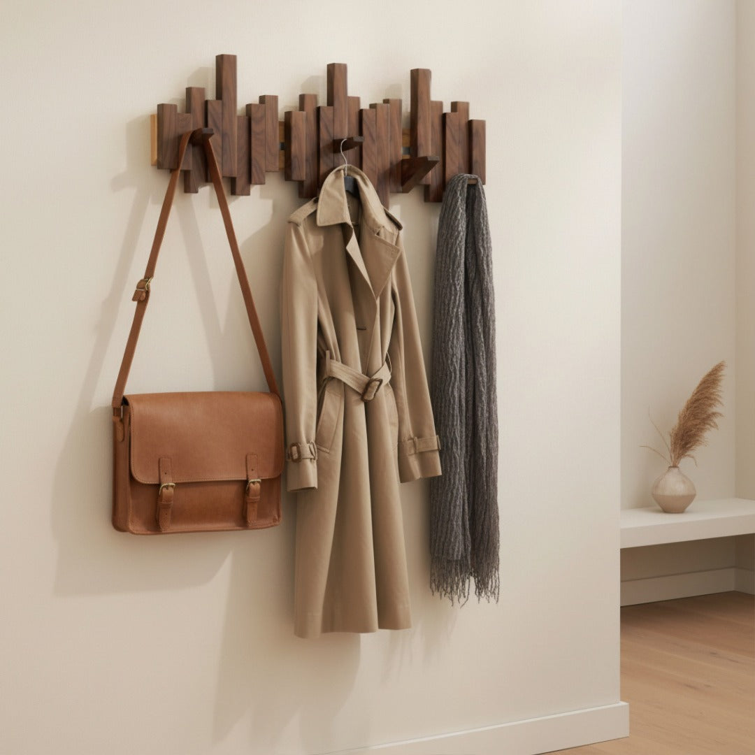 Wandkapstok Inklapbaar Hout Pianotoets Design 3-8 Haken Hal Slaapkamer Ruimtebesparend Elegant Stijlvol | Sansoti