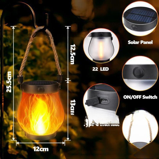 Zonne-energie Lantaarn Vlam Effect 22 LED 25,5cm Buiten Tuin Terras Hangend Zonne-energie Sfeerverlichting Henneptouw Waterdicht | Sansoti