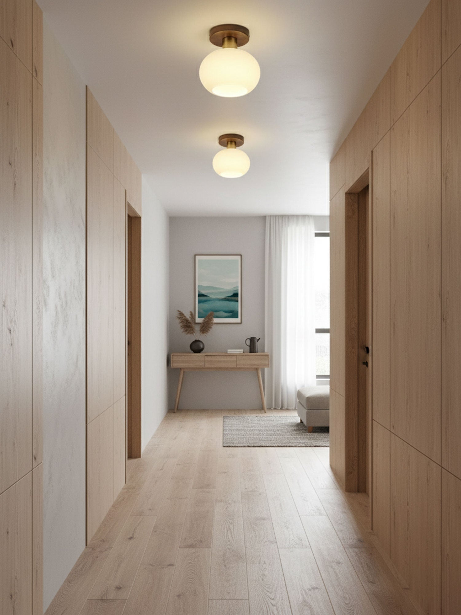 Plafondlamp Walnoot Koper Glas Wit Ø18cm Woonkamer Slaapkamer Gang Opaalbol Plafonnière Retro Sfeerverlichting | Sansoti
