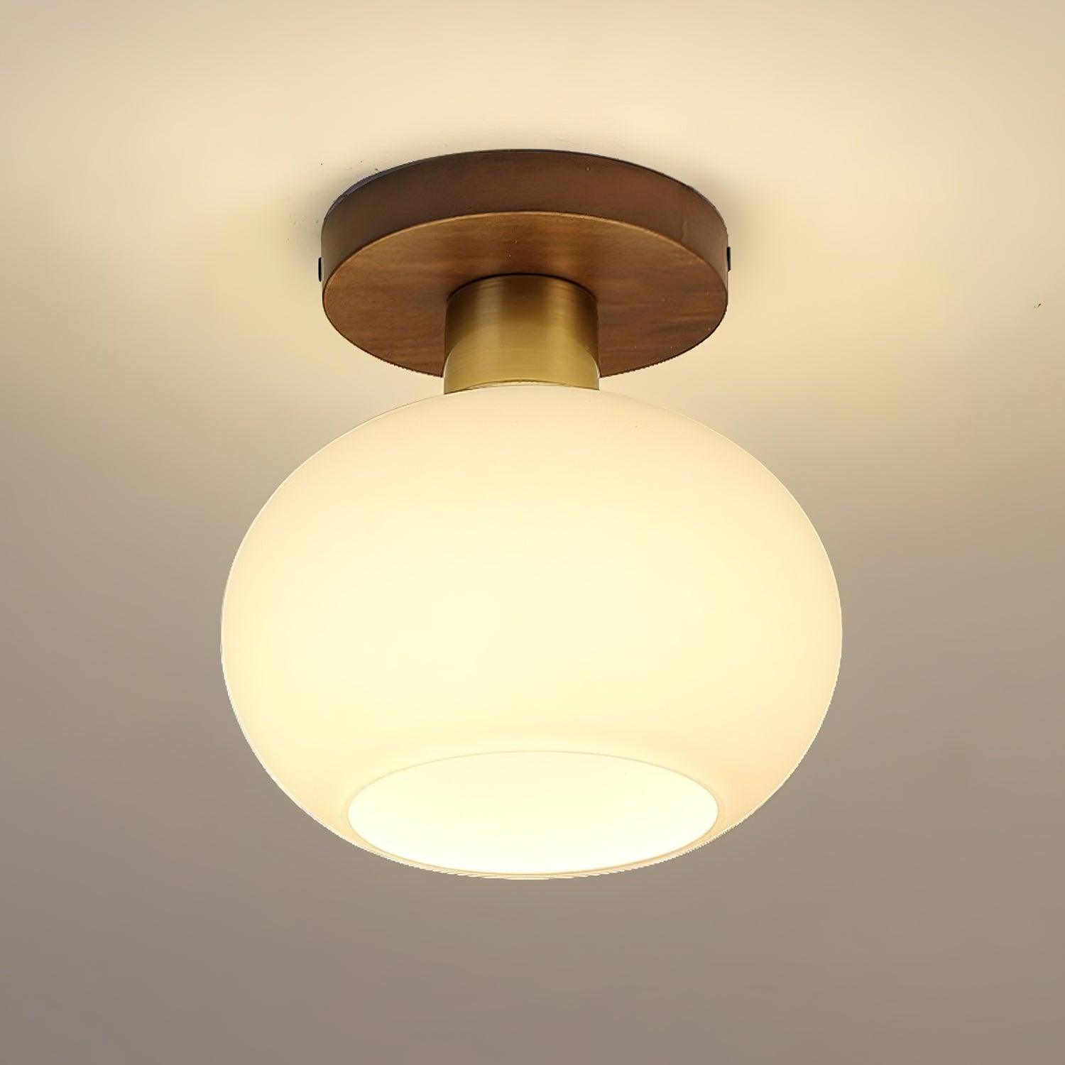 Plafondlamp Walnoot Koper Glas Wit Ø18cm Woonkamer Slaapkamer Gang Opaalbol Plafonnière Retro Sfeerverlichting | Sansoti