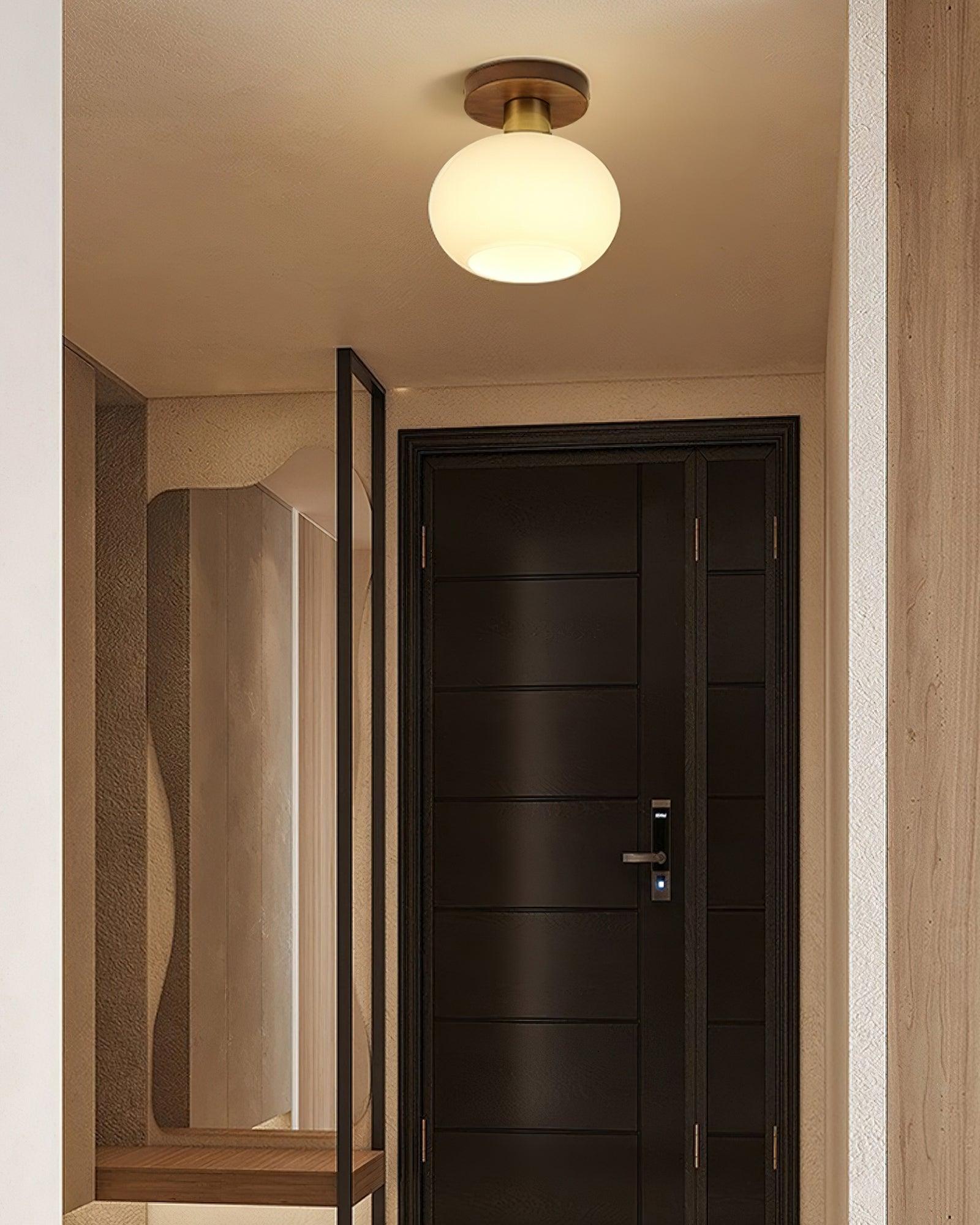 Plafondlamp Walnoot Koper Glas Wit Ø18cm Woonkamer Slaapkamer Gang Opaalbol Plafonnière Retro Sfeerverlichting | Sansoti