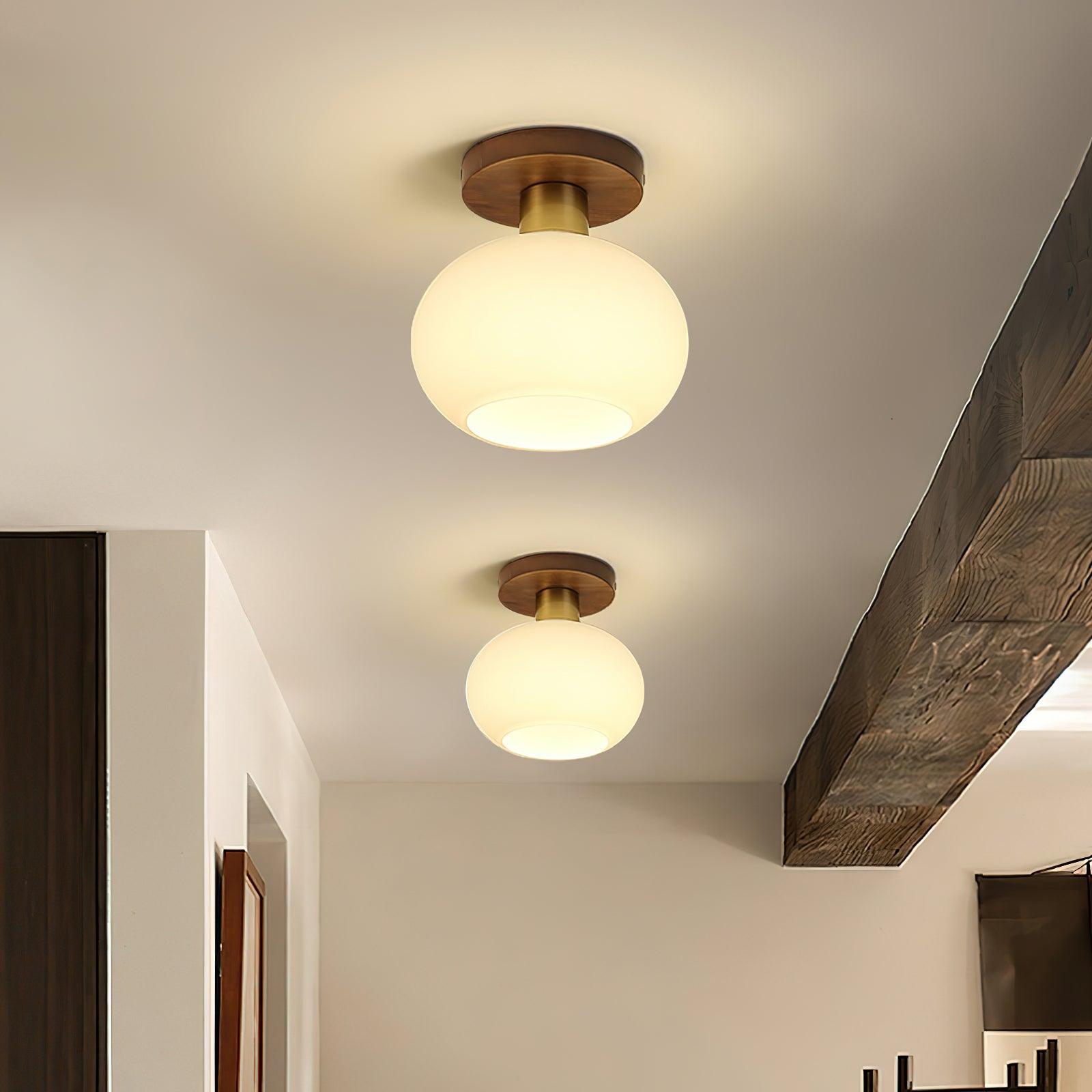 Plafondlamp Walnoot Koper Glas Wit Ø18cm Woonkamer Slaapkamer Gang Opaalbol Plafonnière Retro Sfeerverlichting | Sansoti