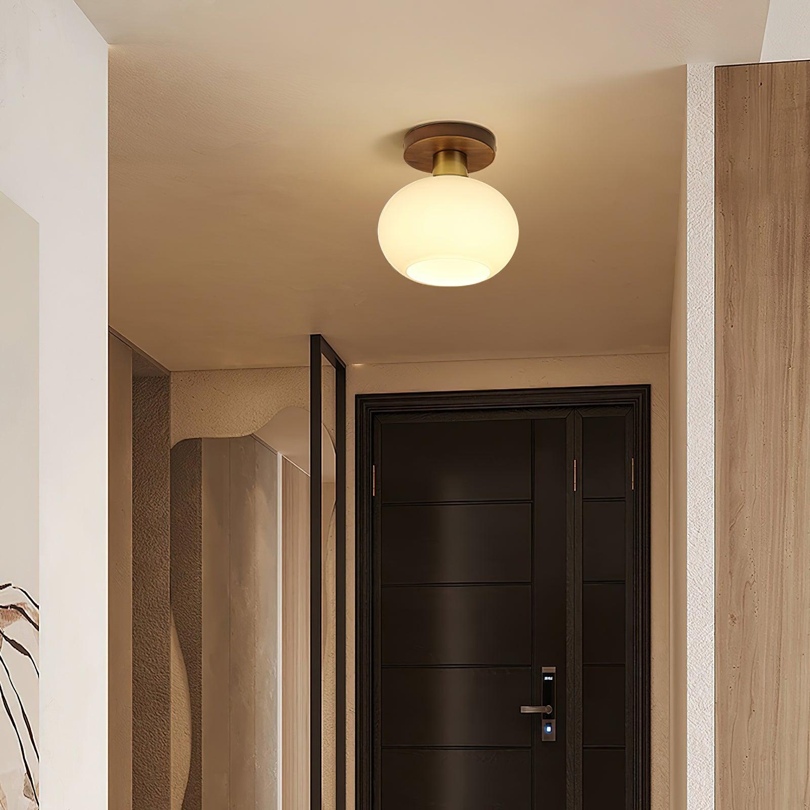 Plafondlamp Walnoot Koper Glas Wit Ø18cm Woonkamer Slaapkamer Gang Opaalbol Plafonnière Retro Sfeerverlichting | Sansoti