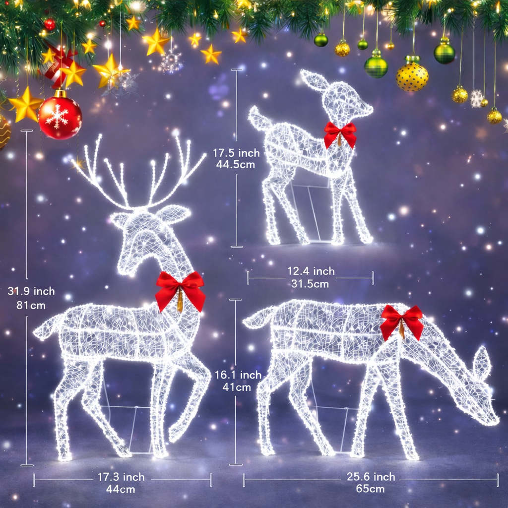 Verlichte Rendierenfamilie Decoratie Rotan Design Voor Tuin Gouden Finish Outdoor Kerstverlichting Set 3-Delig | Sansoti