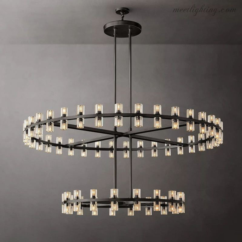 Lustre en cristal à deux niveaux, 152 cm, laiton et verre, suspension luxueuse pour salle à manger et salon | Sansoti