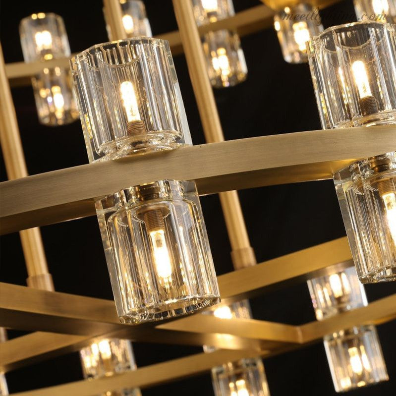 Lustre en cristal à deux niveaux, 152 cm, laiton et verre, suspension luxueuse pour salle à manger et salon | Sansoti