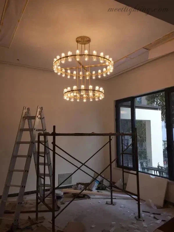 Lustre en cristal à deux niveaux, 152 cm, laiton et verre, suspension luxueuse pour salle à manger et salon | Sansoti