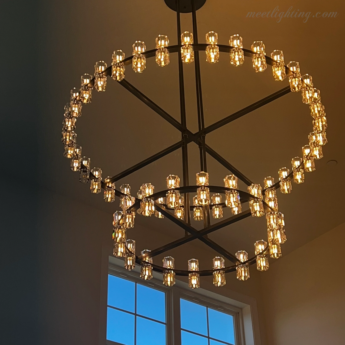 Lustre en cristal à deux niveaux, 152 cm, laiton et verre, suspension luxueuse pour salle à manger et salon | Sansoti