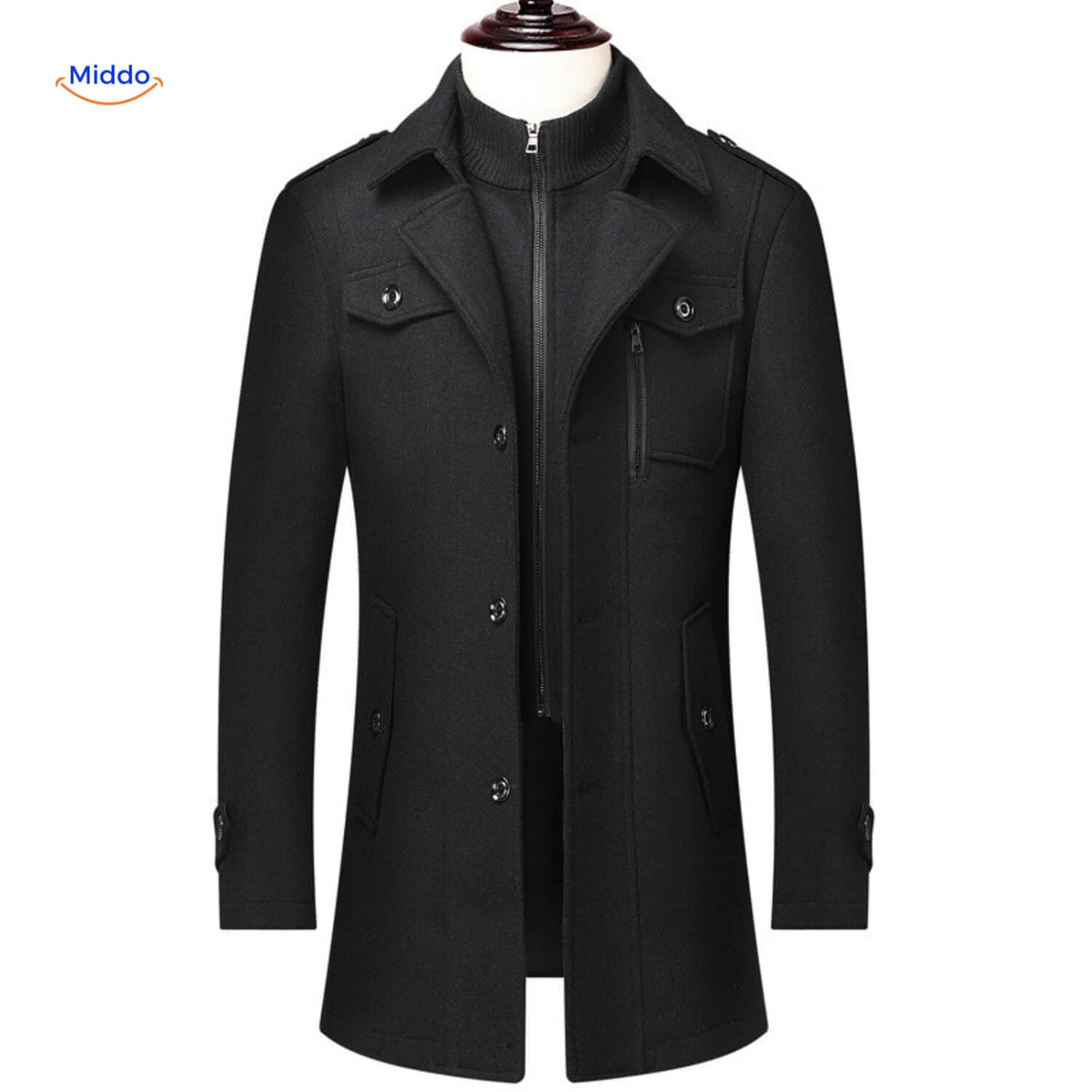 Langer Herren-Wintermantel aus Wollmischung mit doppeltem Kragen, Trenchcoat, Schulterklappen, warm, klassisch und stilvoll für Herbst und Winter | Sansoti