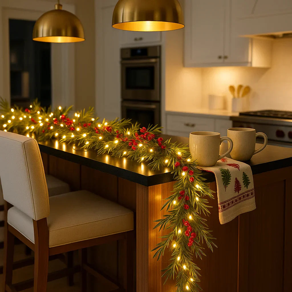 Illuminated Christmas Garland with Red Berries and Pine Branches 180cm Warm White – LED Decoration for Indoor | Sansoti