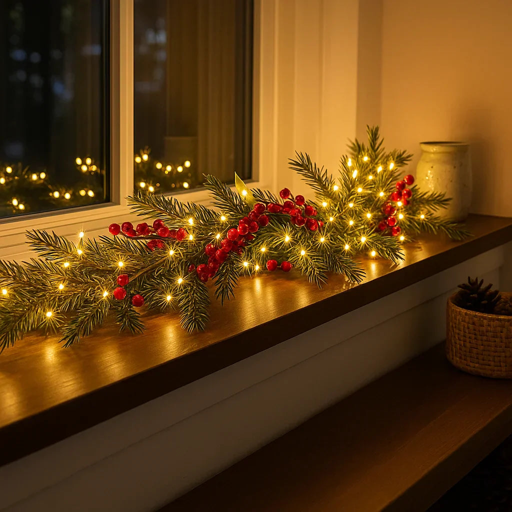 Illuminated Christmas Garland with Red Berries and Pine Branches 180cm Warm White – LED Decoration for Indoor | Sansoti