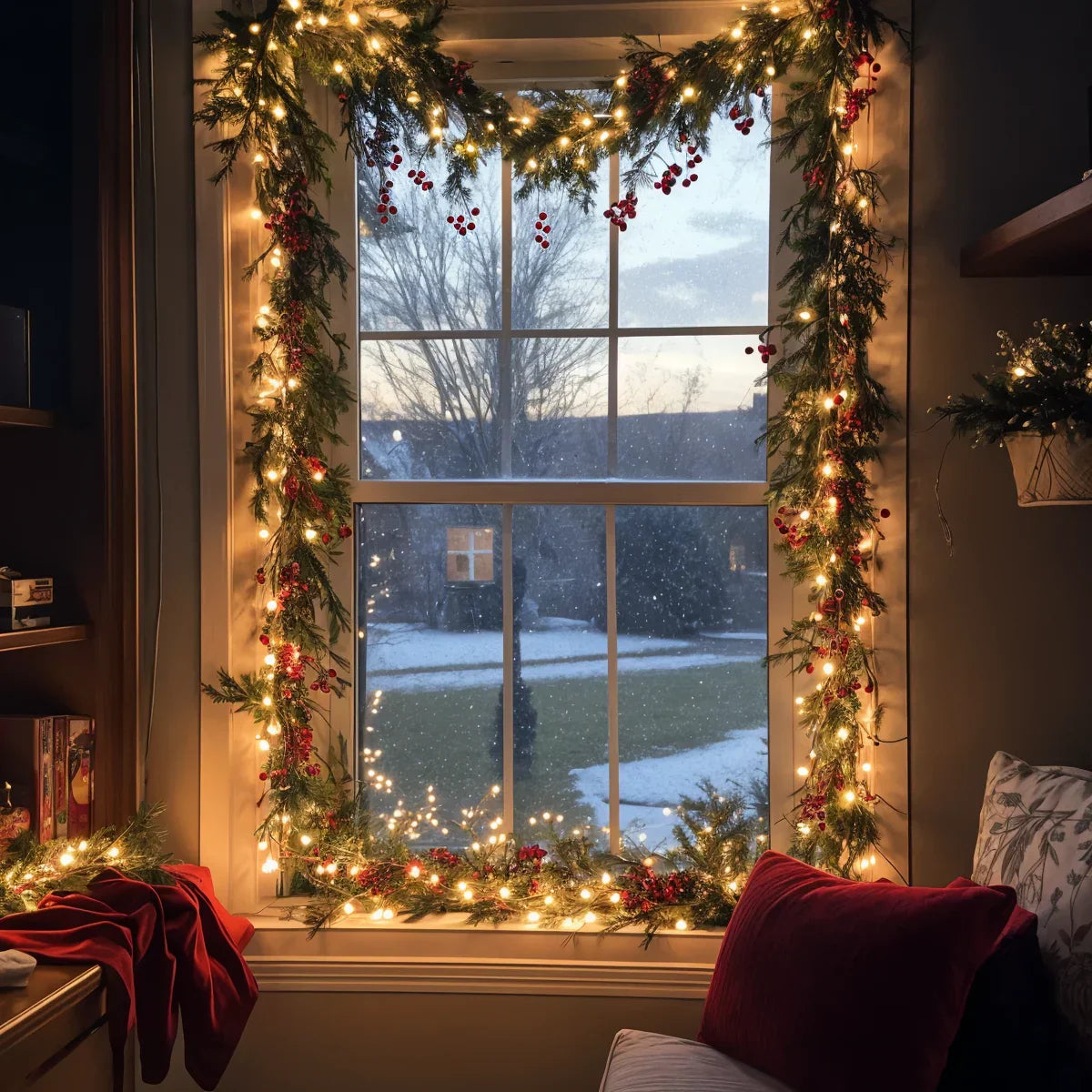 Illuminated Christmas Garland with Red Berries and Pine Branches 180cm Warm White – LED Decoration for Indoor | Sansoti