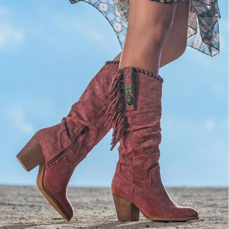 Western Laarzen met Franjes | Suède Kniehoge Dames Boots | Blok Hak & Boho Details | Sansoti
