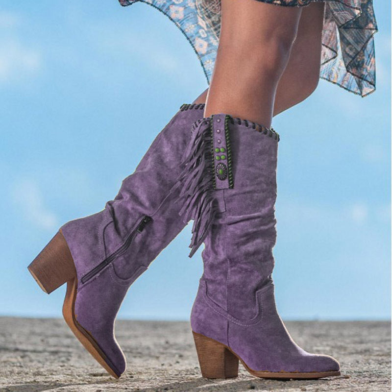 Western Laarzen met Franjes | Suède Kniehoge Dames Boots | Blok Hak & Boho Details | Sansoti