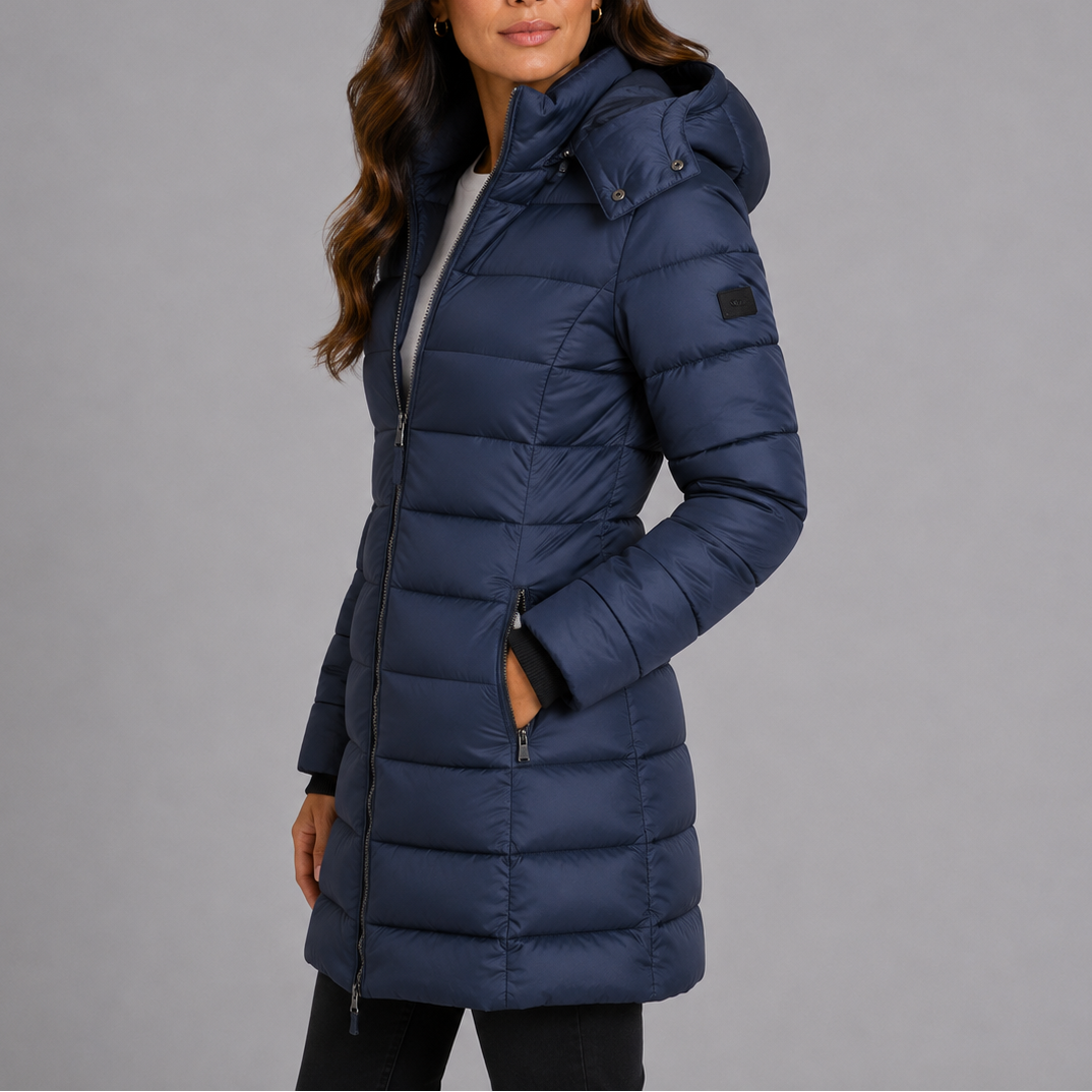 Lange gesteppte Damen-Pufferjacke mit abnehmbarer Kapuze, Taschen und warmem Futter, stilvolle Daunenjacke für den Winter | Sansoti