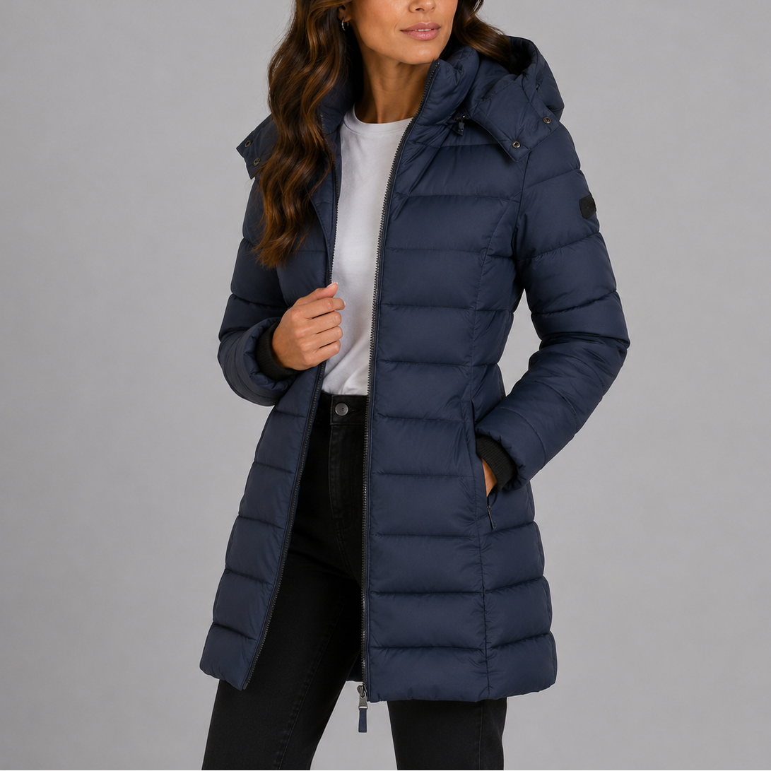Lange gesteppte Damen-Pufferjacke mit abnehmbarer Kapuze, Taschen und warmem Futter, stilvolle Daunenjacke für den Winter | Sansoti