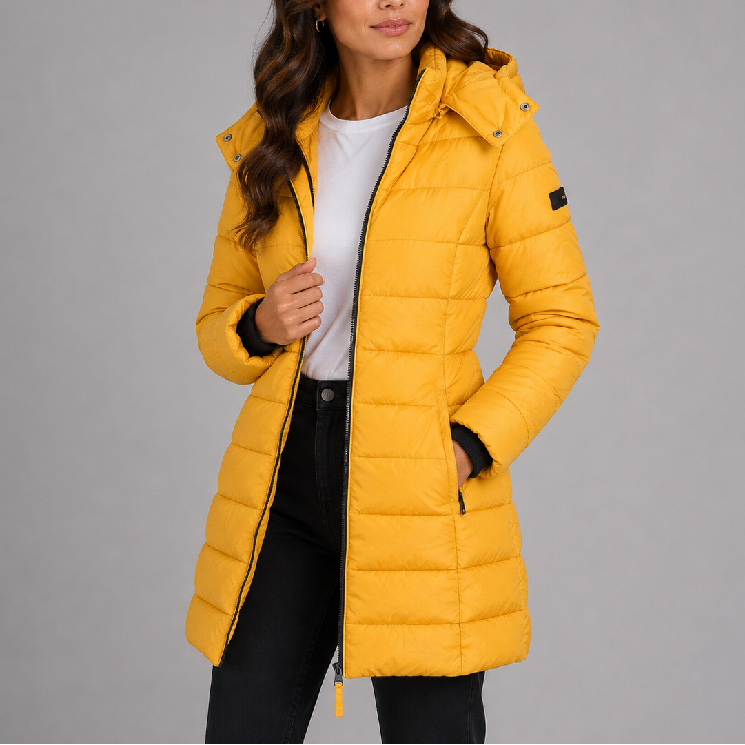 Lange gesteppte Damen-Pufferjacke mit abnehmbarer Kapuze, Taschen und warmem Futter, stilvolle Daunenjacke für den Winter | Sansoti