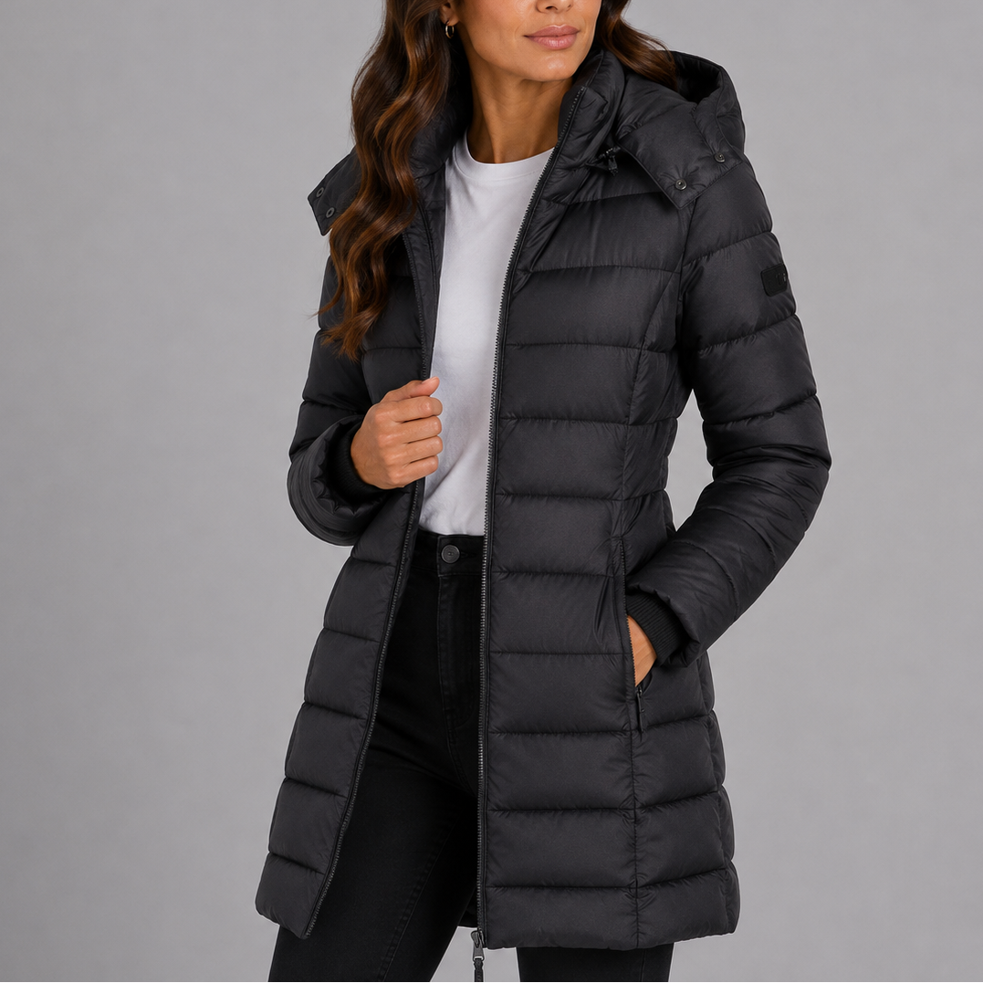 Lange gesteppte Damen-Pufferjacke mit abnehmbarer Kapuze, Taschen und warmem Futter, stilvolle Daunenjacke für den Winter | Sansoti