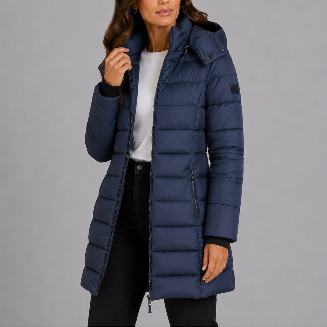 Lange gesteppte Damen-Pufferjacke mit abnehmbarer Kapuze, Taschen und warmem Futter, stilvolle Daunenjacke für den Winter | Sansoti