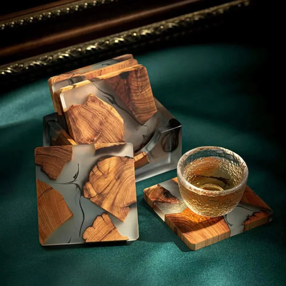 Square Wood and Resin Coasters Japanese Style Non-Slip Heat-Resistant Table Protection Drinkware Set Natural | Sansoti