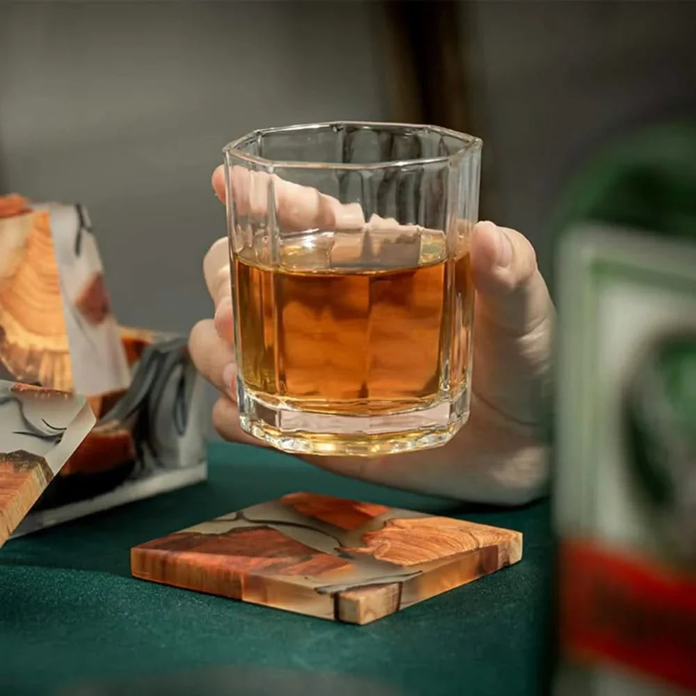 Square Wood and Resin Coasters Japanese Style Non-Slip Heat-Resistant Table Protection Drinkware Set Natural | Sansoti