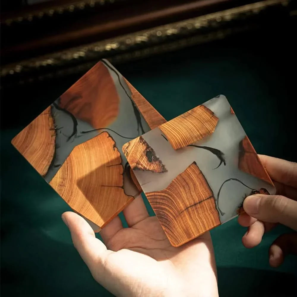Square Wood and Resin Coasters Japanese Style Non-Slip Heat-Resistant Table Protection Drinkware Set Natural | Sansoti