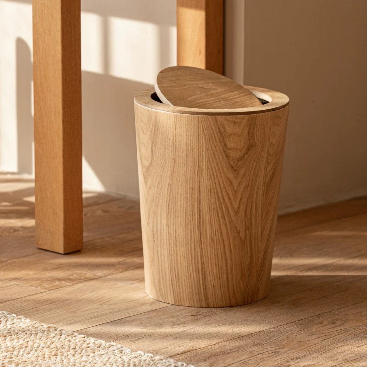 Houten Prullenbak Woonkamer Draaibaar Deksel Dubbelwandig Keuken Badkamer Kantoor Vuilnisbak Houtlook Afvalbak Bureau | Sansoti