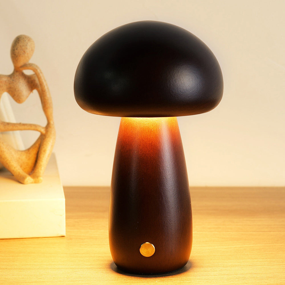 Houten Paddenstoel Tafellamp met Ingebouwde Batterij & Touch-bediening – Warm Sfeerlicht voor Woonkamer, Slaapkamer, Kantoor – Oplaadbare LED-lamp met Dimfunctie – Decoratieve Sfeerverlichting | Sansoti