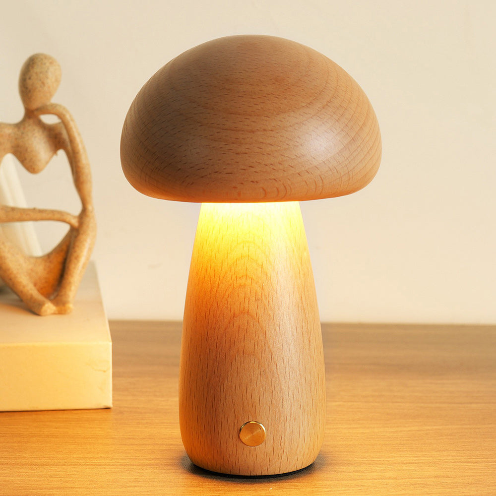 Houten Paddenstoel Tafellamp met Ingebouwde Batterij & Touch-bediening – Warm Sfeerlicht voor Woonkamer, Slaapkamer, Kantoor – Oplaadbare LED-lamp met Dimfunctie – Decoratieve Sfeerverlichting | Sansoti