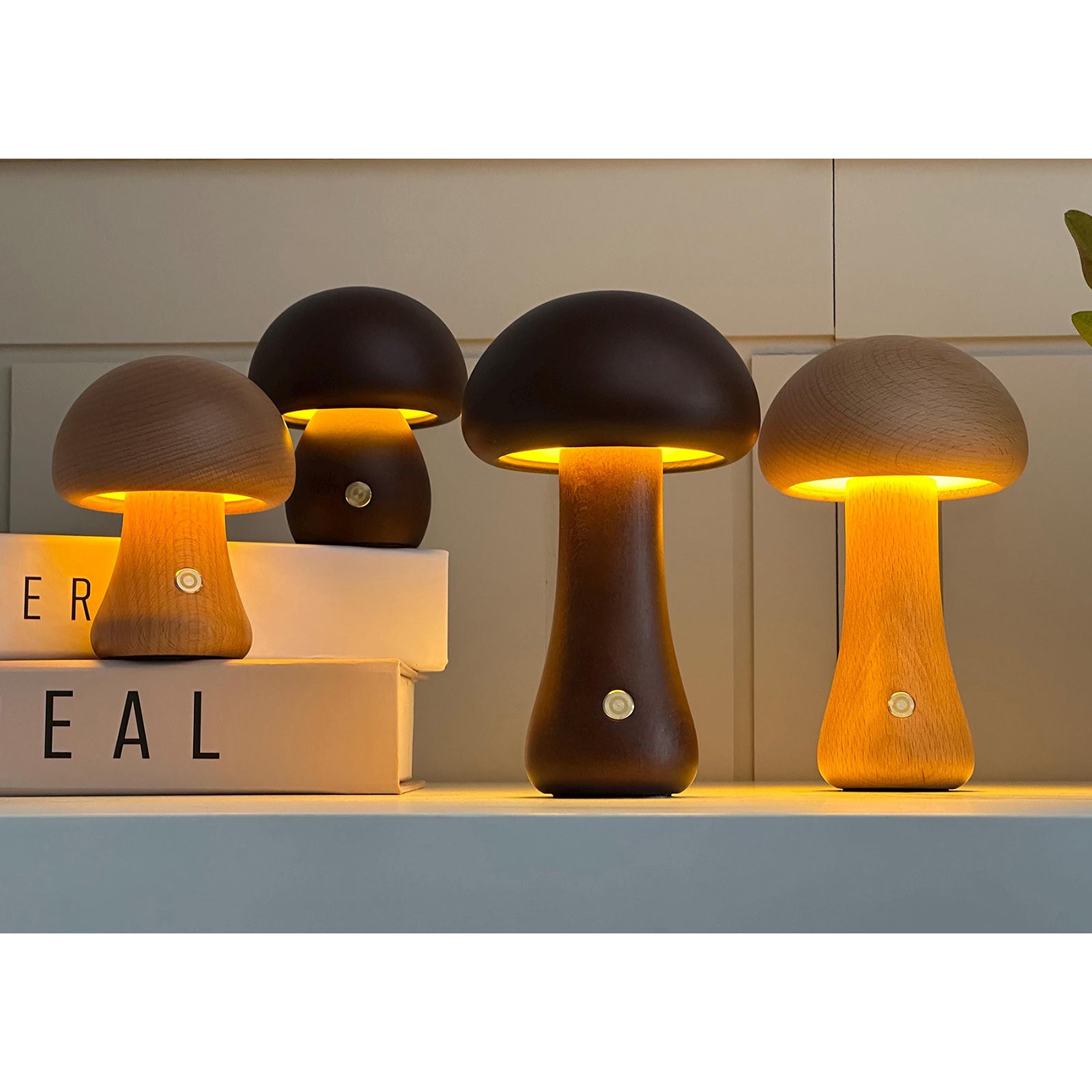 Houten Paddenstoel Tafellamp met Ingebouwde Batterij & Touch-bediening – Warm Sfeerlicht voor Woonkamer, Slaapkamer, Kantoor – Oplaadbare LED-lamp met Dimfunctie – Decoratieve Sfeerverlichting | Sansoti