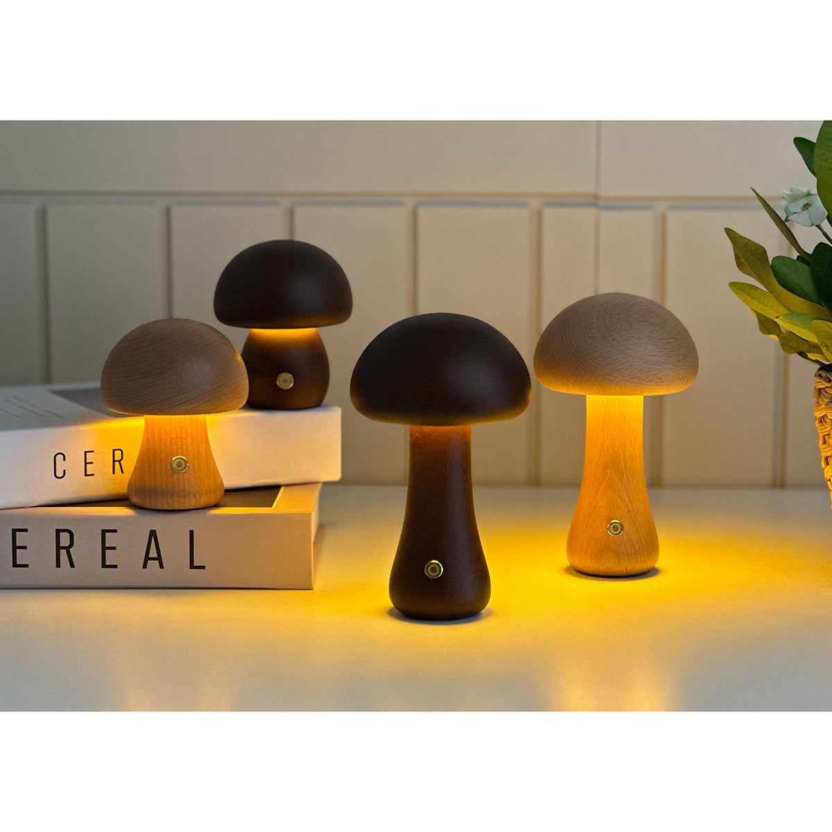 Houten Paddenstoel Tafellamp met Ingebouwde Batterij & Touch-bediening – Warm Sfeerlicht voor Woonkamer, Slaapkamer, Kantoor – Oplaadbare LED-lamp met Dimfunctie – Decoratieve Sfeerverlichting | Sansoti
