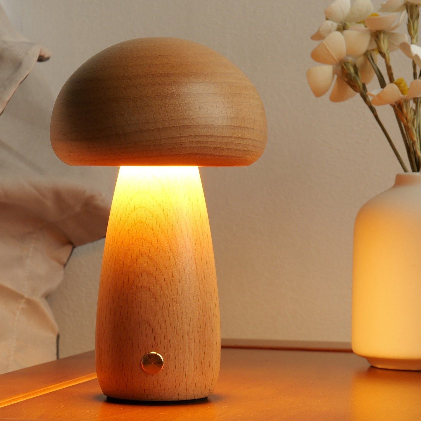 Houten Paddenstoel Tafellamp met Ingebouwde Batterij & Touch-bediening – Warm Sfeerlicht voor Woonkamer, Slaapkamer, Kantoor – Oplaadbare LED-lamp met Dimfunctie – Decoratieve Sfeerverlichting | Sansoti