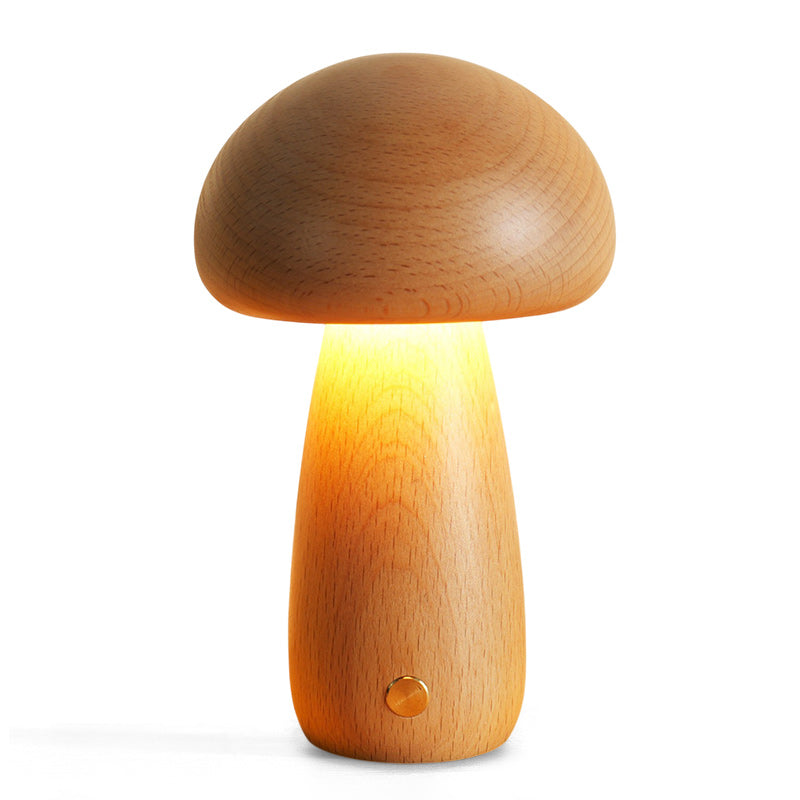 Houten Paddenstoel Tafellamp met Ingebouwde Batterij & Touch-bediening – Warm Sfeerlicht voor Woonkamer, Slaapkamer, Kantoor – Oplaadbare LED-lamp met Dimfunctie – Decoratieve Sfeerverlichting | Sansoti