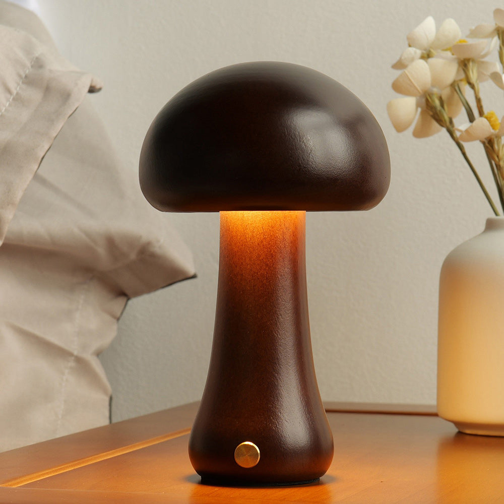 Houten Paddenstoel Tafellamp met Ingebouwde Batterij & Touch-bediening – Warm Sfeerlicht voor Woonkamer, Slaapkamer, Kantoor – Oplaadbare LED-lamp met Dimfunctie – Decoratieve Sfeerverlichting | Sansoti