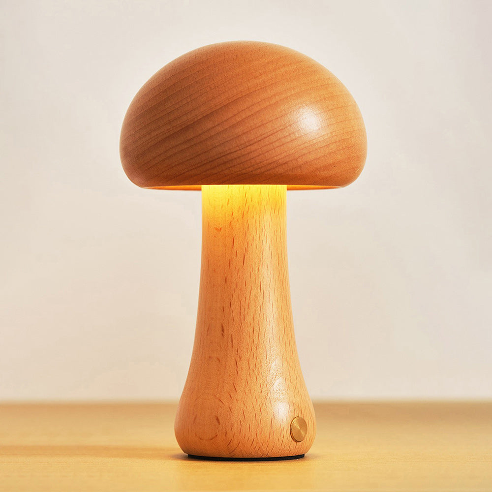 Houten Paddenstoel Tafellamp met Ingebouwde Batterij & Touch-bediening – Warm Sfeerlicht voor Woonkamer, Slaapkamer, Kantoor – Oplaadbare LED-lamp met Dimfunctie – Decoratieve Sfeerverlichting | Sansoti