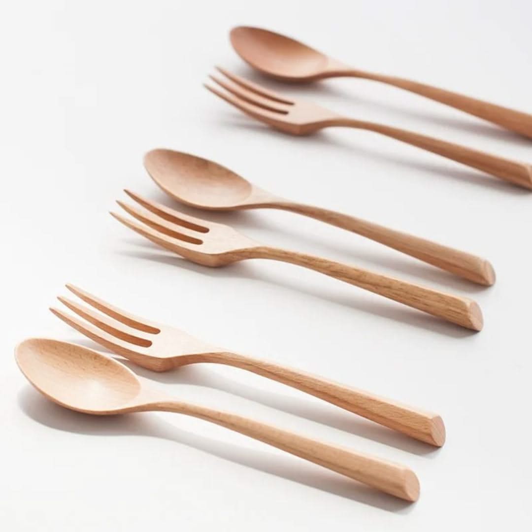 Bamboo Cutlery Set 6-Piece Spoons Forks Sustainable Eco-Friendly Tableware Picnic Camping Natural | Sansoti
