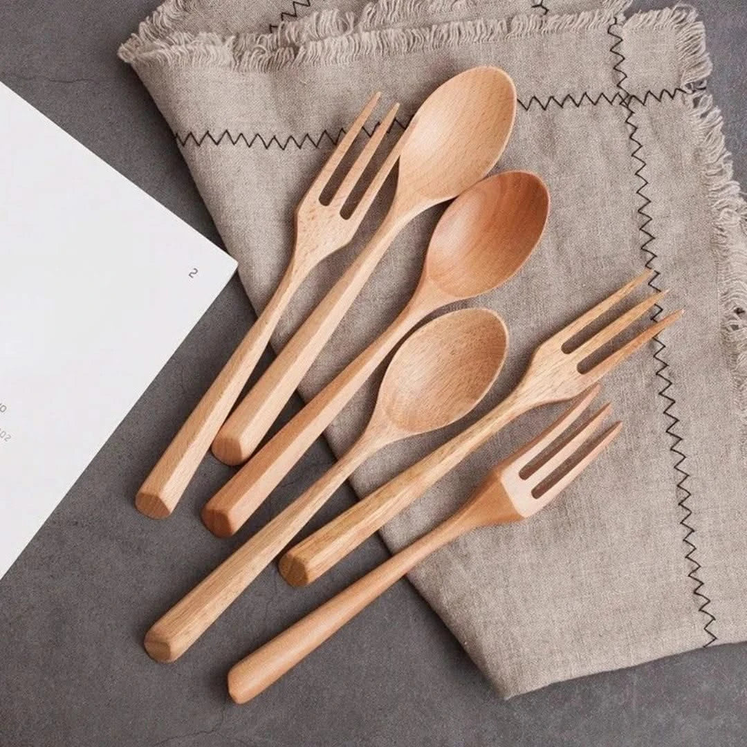 Bamboo Cutlery Set 6-Piece Spoons Forks Sustainable Eco-Friendly Tableware Picnic Camping Natural | Sansoti