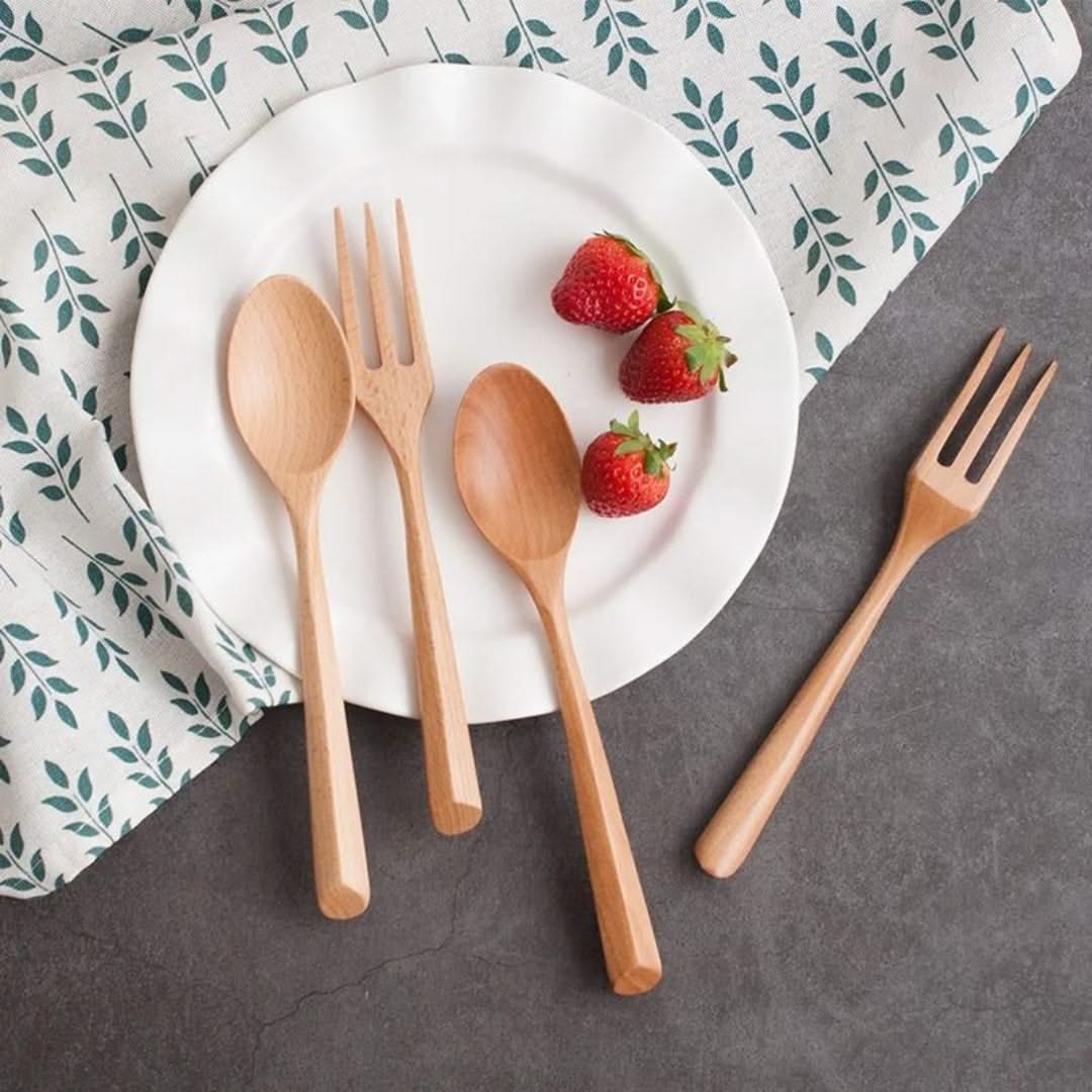 Bamboo Cutlery Set 6-Piece Spoons Forks Sustainable Eco-Friendly Tableware Picnic Camping Natural | Sansoti