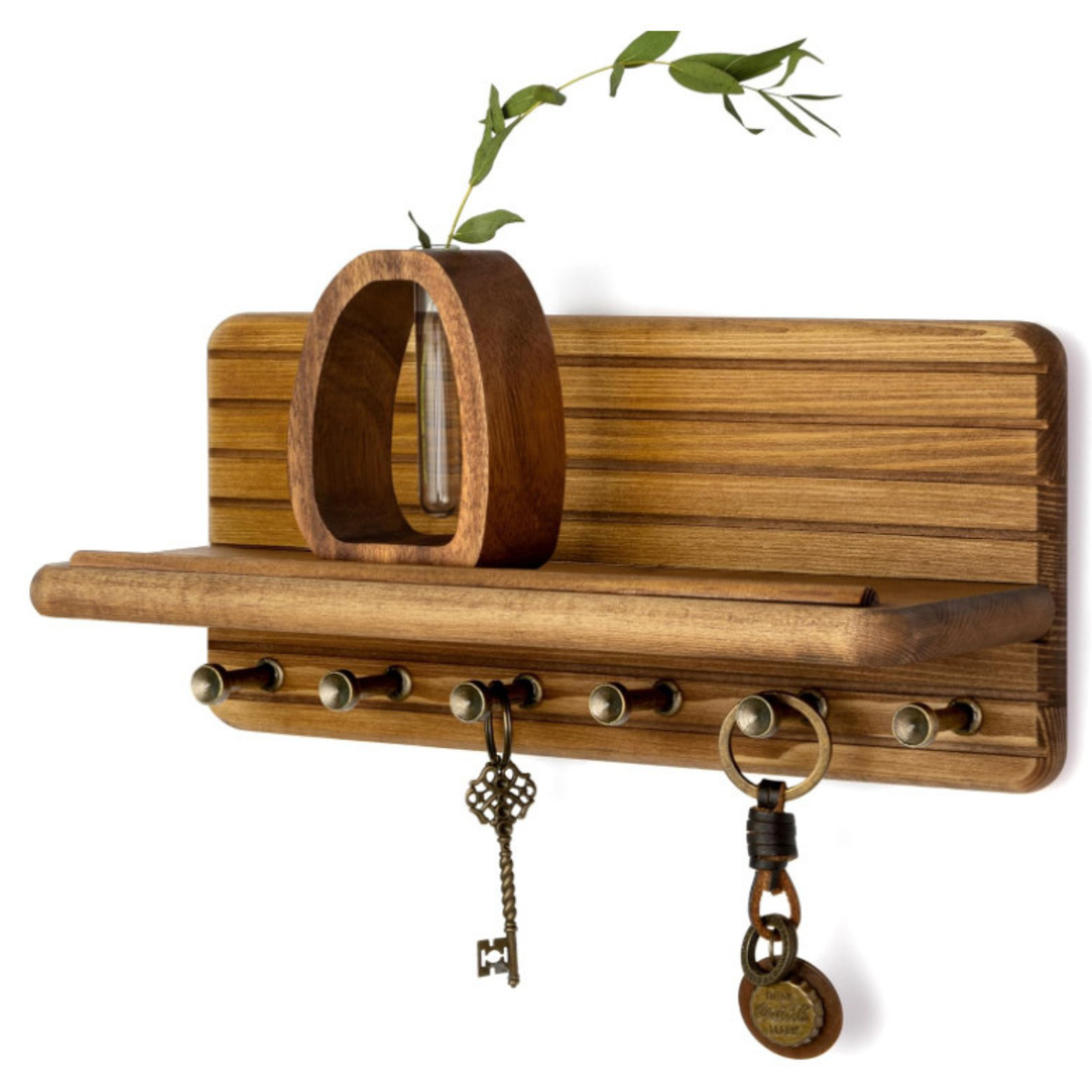 Wall rack with 8 hooks and shelf, solid wood key holder and hallway organizer for keys, bags, coats, and towels | Sansoti