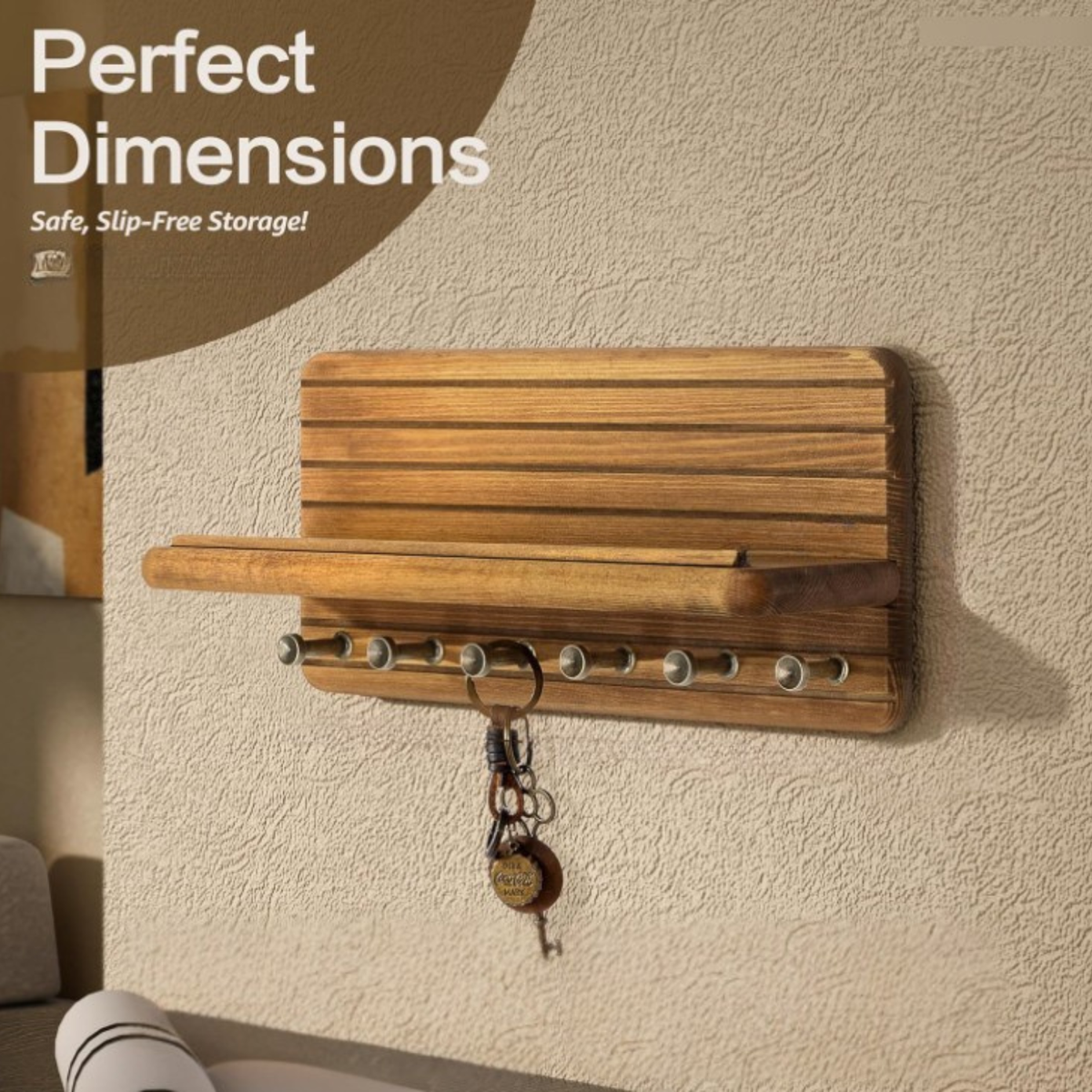 Wall rack with 8 hooks and shelf, solid wood key holder and hallway organizer for keys, bags, coats, and towels | Sansoti