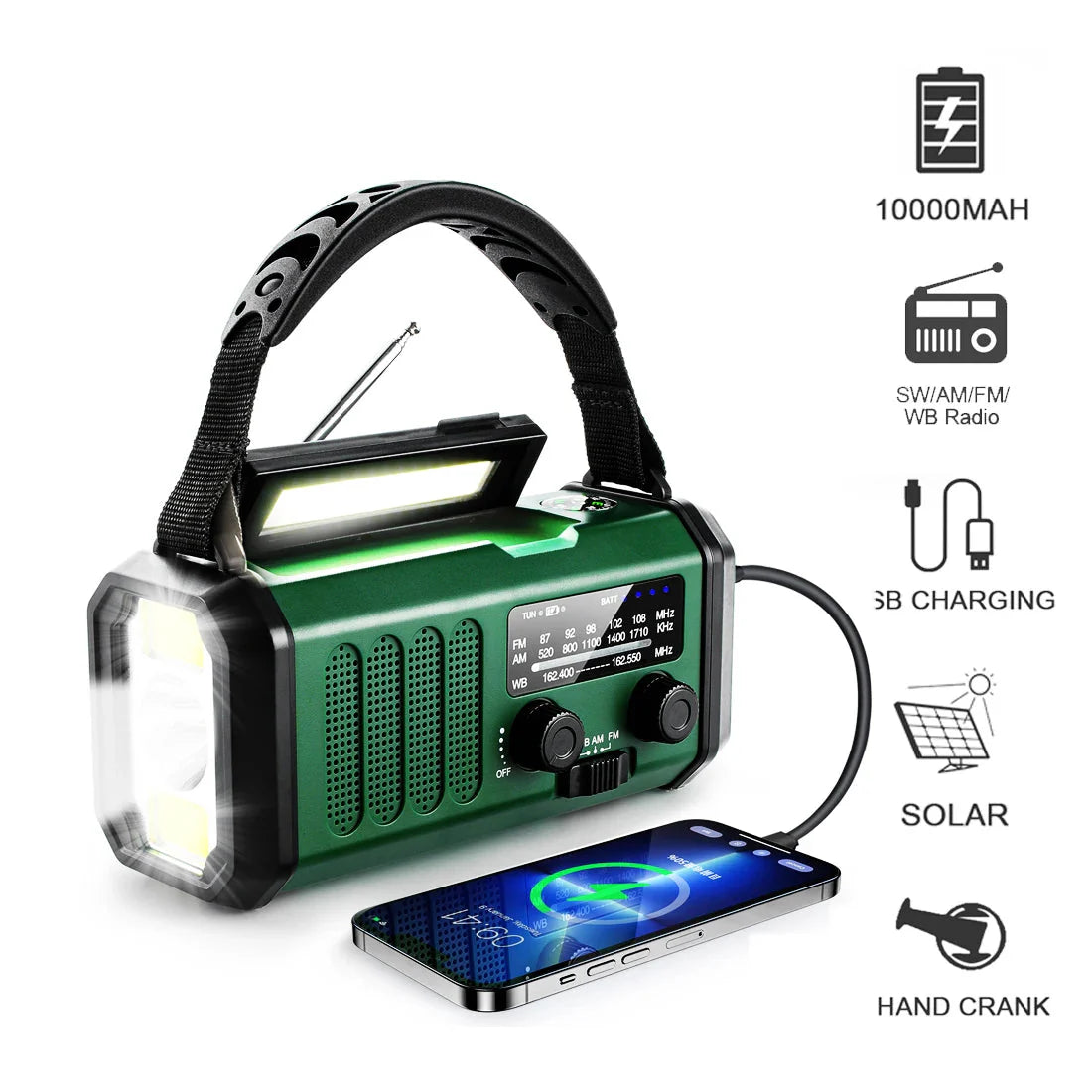 Handgenerator Noodradio met Zonne-energie en AM/FM Ontvangst 10.000 mAh | Sansoti